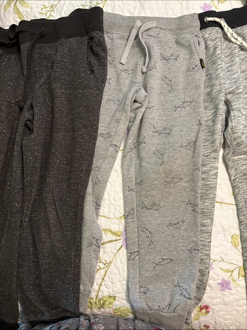 Lee Gray sweats/Subtle Shark Print.  Arizona black/gray specks.  Cat&Jack mixed